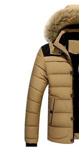 Chaqueta acolchada con capucha y forro de piel para hombre, color beige marrón, con cierre de cremallera - Product Image 2