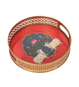Plateau rond poli avec impression Pichwai, décoration d'intérieur en émail - Product Image 5