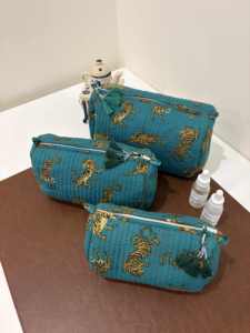Niharo Women's Wholesale Custom Hand Block Print Cotton <b>Quilted</b> <b>Makeup</b> <b>Bag</b> Set 3 Travel Toiletry Cosmetic Pouch Organizer Teal - Product Image 1