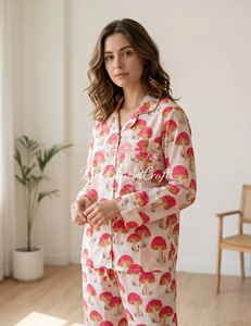 Handmade Summer Mushroom Print Cotton Pajama Set for Women Breathable Quick-Dry Luxury Block Printed Long Sleeve Button-<b>Down</b> - Product Image 6