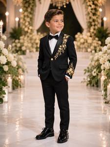 Luxury Boys Black Wedding Suit <b>with</b> Gold Floral Embroidery | Kids Slim Fit Groom Tuxedo | Custom Formal Party Suit for Boys - Product Image 1