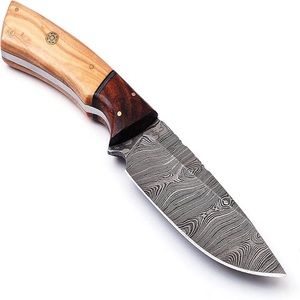 Couteau à lame fixe de chasse en acier Damas fait main sur mesure, qualité industrielle, pointe clip, manche en bois, étui en cuir - Product Image 2