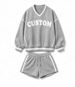Conjunto de Sudadera y Pantalones Cortos de Algodón de Secado Rápido con Cuello en V para Mujer, Talla Grande, Color Gris Jaspeado, Informal, para Invierno - Product Image 1