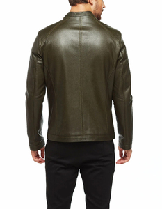 Blouson moto homme en cuir PU vert olive, col montant, fermeture éclair, coupe ajustée, manches classiques, couleur unie, pour l'automne - Product Image 3