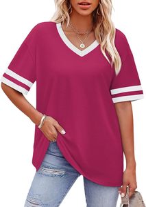 Camiseta de Manga Corta con Cuello en V para Mujer, Color Verde Sólido, Corte Holgado, Informal, de Algodón Jersey, Estilo Primavera-Verano - Product Image 2