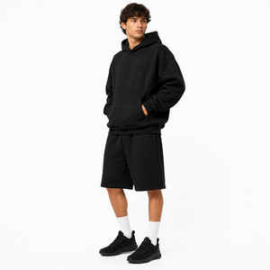 Men's Black Hoodie And Shorts <b>Set</b> Solid Color Fleece Casual Wear Summer Outfit <b>Knitted</b> Fabric Hooded Sweatshirt With Kangaroo - Product Image 5