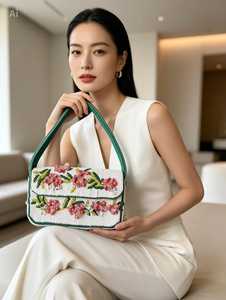 กระเป๋าถือทรงสี่เหลี่ยมผ้าฝ้ายปักลายดอกไม้ประดับลูกปัดแก้วทำมือ ALI FASHION ART AFA-03 สีเขียว ชมพู ขาว งานปักโพลีเอสเตอร์ - Product Image 2
