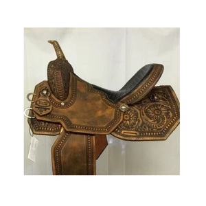 Selle de course pour chevaux Western en cuir brun, sculptée à la main avec motifs floraux, siège rembourré noir - Product Image 2