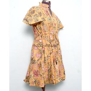 Robe Courte Femme 100% Coton Tricotée Col V Manches Courtes Taille Haute Coupe Évasée Imprimé Floral Numérique Lavable Respirante Style Bohème - Product Image 5