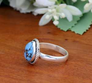 Anillo Solitario de Turquesa Magnesita Azul Natural al por Mayor, Plata de Ley 925, Corte de Lágrima, Borde de Cuerda Trenzada, Bisel - Product Image 4