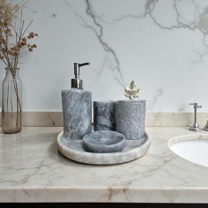 Ensemble de salle de bain élégant en marbre, quatre pièces, porte-savon rond, porte-brosse à dents, distributeur de savon, facile à nettoyer - Product Image 2