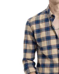 Custom <b>Men</b> Beige Blue Check Casual <b>Shirt</b> Cotton Polyester Long Sleeve Button Down Plaid <b>Shirt</b> For Wholesale OEM Supply Export - Product Image 3
