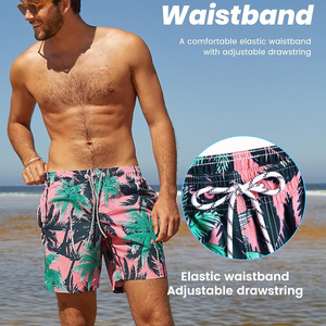 Drain Sports Men's Pink Tropical Palm Print Swim Shorts Quick Dry Anti-UV <b>Mid</b> Waist Drawstring Casual Beach Board Shorts - Product Image 3