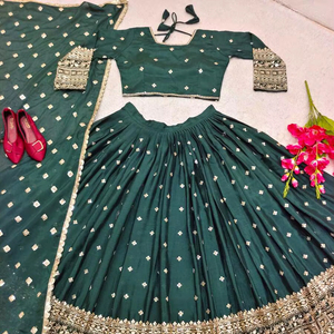Conjunto de Lehenga Choli Dupatta de seda CHINON bordado, semicosturado y reversible, informal, ODM Zain Exports, para todas las estaciones, ideal para fiestas. - Product Image 1
