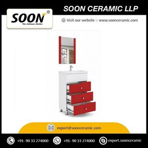 SOON ตู้ห้องน้ำสีแดงทันสมัยพร้อมกระจก อ่างเซรามิก ทาสีขาวด้วย PVC แบบตั้งพื้น 58 x 44 x 76 ซม. - Product Image 4
