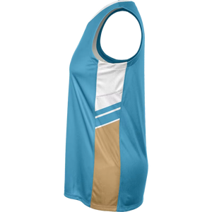 Custom Sublimation Basketball Jersey Women Sleeveless Teal Blue Gold White Quick Dry Breathable Side Panel Team Sports Uniform - Product Image 5
