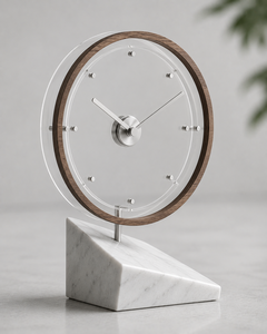 Minimalist Wooden Desk Clock with Green Acrylic Ring and Marble Base Silent Quartz Movement Circular Design - Product Image 2