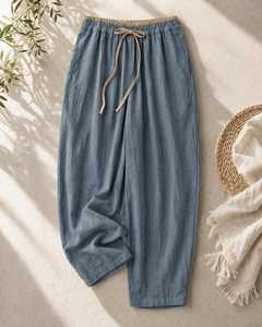 Pantalon en lin pour femme, taille mi-haute, cordon élastique, couleur unie, coupe ample, longueur cheville, décontracté, été - Product Image 1