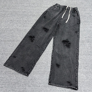 <b>Men</b> Ripped Denim Pants Wide Leg Elastic Waist <b>Drawstring</b> Casual Streetwear <b>Trousers</b> Distressed Wash Midweight Cotton - Product Image 2