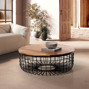 Modern Industrial <b>Solid</b> <b>Wood</b> Top Coffee Table with Iron Wire Frame and Storage Manish Art Handicrafts Living Room Furniture - Product Image 5
