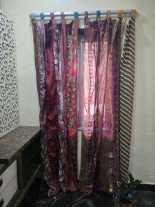 Traditional Chinese Style Handmade Vintage Silk Sari Patchwork Customizable Tab Top Translucent Door Drape Recycled Sari Curtain - Product Image 5
