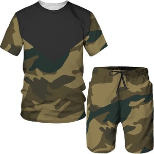 Conjunto de Camiseta de Manga Corta y Pantalones Cortos con Estampado de Camuflaje Rojo y Negro para Hombre, Cuello Redondo, Ropa Deportiva de Verano, Secado Rápido, Poliéster - Product Image 3