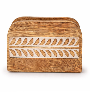 Handcrafted Mango Wood Napkin Holder With Elegant White Carving Inlay Upright Rustic Farmhouse <b>Tissue</b> Stand For Dining Tableware - Product Image 2