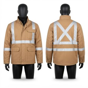 <b>Men</b> Work <b>Jacket</b> Premium Cotton Polyester Twill 300 GSM Tan <b>Reflective</b> Safety Tape Panel Design Custom Logo Embroidery Workwear - Product Image 1