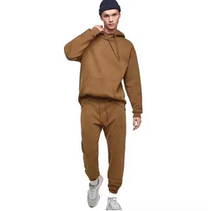 Ensemble de survêtement à capuche marron pour homme, couleur unie, pantalon de survêtement décontracté long avec poches latérales, 100% coton, vêtements d'automne - Product Image 1