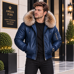 <b>Men's</b> Breathable <b>Summer</b> Casual Leather Bomber <b>Jacket</b> with Real Fox Fur Hood - Product Image 1