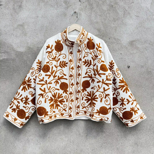 Women White Cotton Hand Embroidered Boho <b>Jacket</b> Brown Floral Suzani Style Ethnic Short Coat Outerwear - Product Image 1