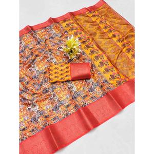 DISEÑADOR DOLA SEDA IMPRESIÓN DIGITAL TRABAJO SAREE CON BLUSA DESCOSADA AMARILLO - Product Image 1