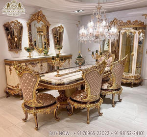 Mobilier de salle à manger français sculpté or Rose, aspect élégant, ensemble de Table à manger sculpté à la main, finition dorée royale - Product Image 2