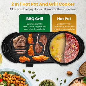 Grill elettrico 2-in-1 da 2200W a riscaldamento rapido, con pentola elettrica da 3.7 QT, antiaderente, per interni, con controllo separato della temperatura, smontabile - Product Image 5