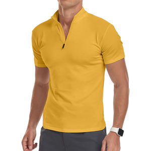 Camiseta deportiva de punto para hombre con cremallera de un cuarto, de alta calidad, color sólido, antiarrugas, de secado rápido, transpirable, con logo personalizado. - Product Image 1