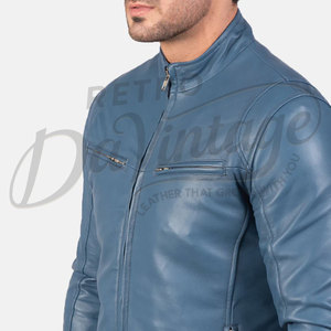 Chaqueta de cuero azul pizarra para hombre, corte ajustado, piel de oveja auténtica, abrigo informal de otoño e invierno, estilo motociclista, con cuello de banda y cierre de cremallera. - Product Image 1