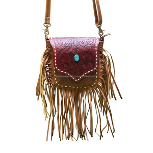 Superior Quality Latigo Color Leather Floral Tooled Crossbody Bag Western Style Cowgirl Bag With <b>Fringe</b> & Strap <b>Top</b> Supplier - Product Image 3
