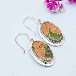 Magnifiques boucles d'oreilles pendantes en argent sterling 925 faites à la main avec pierre précieuse Unakite, bijoux naturels, cadeau - Product Image 3