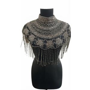 Capa de Hombros con Cuentas Negras y Flecos para Mujer, Cuello Alto, Malla Bordada, Accesorio para Vestido de Noche, Fiesta o Boda, Modelo Ellora - Product Image 1