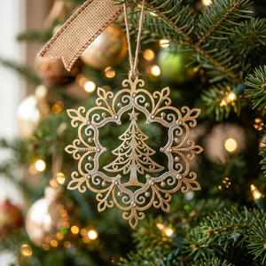 Ornement de Noël personnalisé en laiton antique découpé en forme de couronne, cadre flocon de neige en métal martelé, pendentif à suspendre pour sapin, vente en gros - Product Image 1
