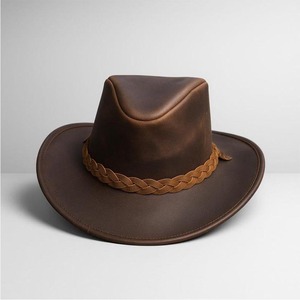 Chapeau de cowboy en cuir artisanal de qualité supérieure, robuste, brun vieilli avec bande tressée - Product Image 4