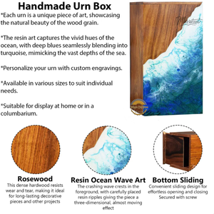 Urne funéraire élégante en résine océanique pour cendres, urne de crémation artisanale en bois avec art en résine bleue et blanche par AYAANS - Product Image 2