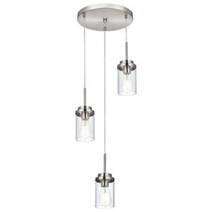 Lampadario a sospensione moderno a 3 luci in stile rustico, in nichel spazzolato, per isola cucina, con vetro trasparente - Product Image 3