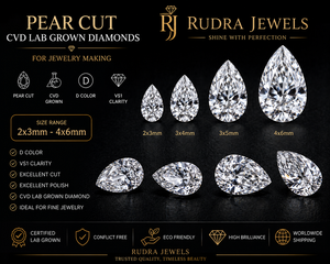 เพชรรูปทรงลูกแพร์ CVD Lab Grown ของ Rudra Jewels ขายส่ง ขนาด 2x3 มม. ถึง 4x6 มม. สี D ความสะอาดระดับ VS1 เพชรเม็ดเดี่ยวสำหรับทำเครื่องประดับ - Product Image 1