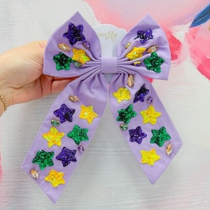 Accessoire de cheveux violet à longue queue pour festival, étoiles scintillantes, paillettes Mardi Gras, nœud à sequins, embellissements, emballage carton pour fête - Product Image 5
