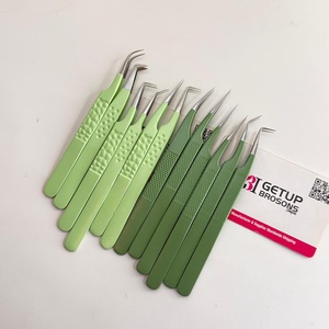 Pince à épiler professionnelle pour extensions de cils, haute précision, en acier inoxydable, vert menthe olive, avec grip diamant 3D anti-magnétique - Product Image 2