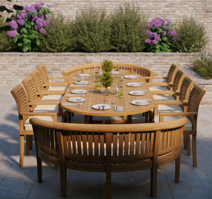 Ensemble de table à manger ovale en teck massif pour l'extérieur, 10 places, chaises avec accoudoirs, finition naturelle écologique, imperméable, luxe, hôtel, villa - Product Image 2
