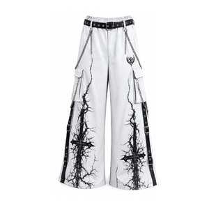 Pantalon cargo gothique blanc pour homme, coupe large, imprimé croix, taille élastique avec ceinture chaîne - Product Image 1