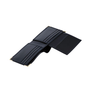 Portefeuille classique noir en cuir véritable pour homme, avec coins en métal doré brillant, rabat supplémentaire, format fin, disposition pratique pour espèces et cartes - Product Image 6