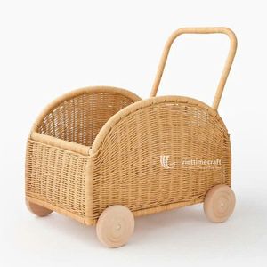 Handwoven Rattan Wooden Frame Toy Pram Wicker Doll <b>Stroller</b> Sustainable Kids Room Storage Cart & Walker Wagon <b>for</b> <b>Toddlers</b> - Product Image 1